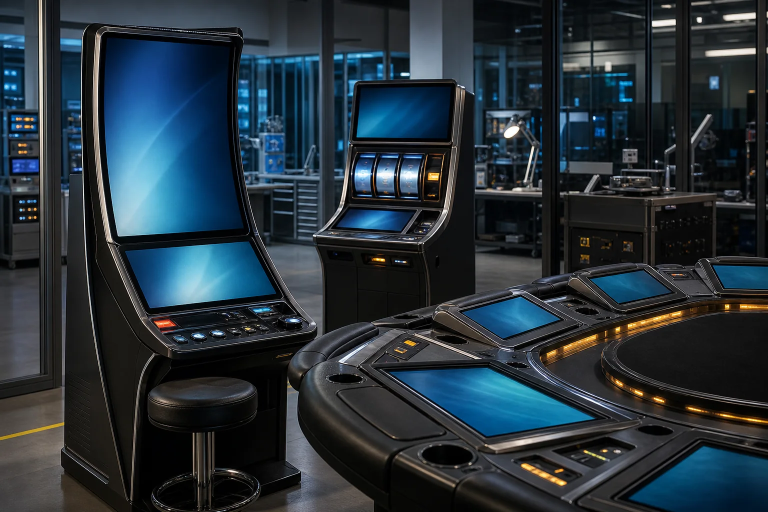 Unbranded casino cabinets and electronic table terminals in a design lab