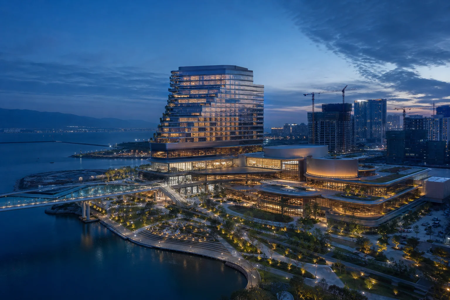Waterfront resort district and convention facilities at blue hour