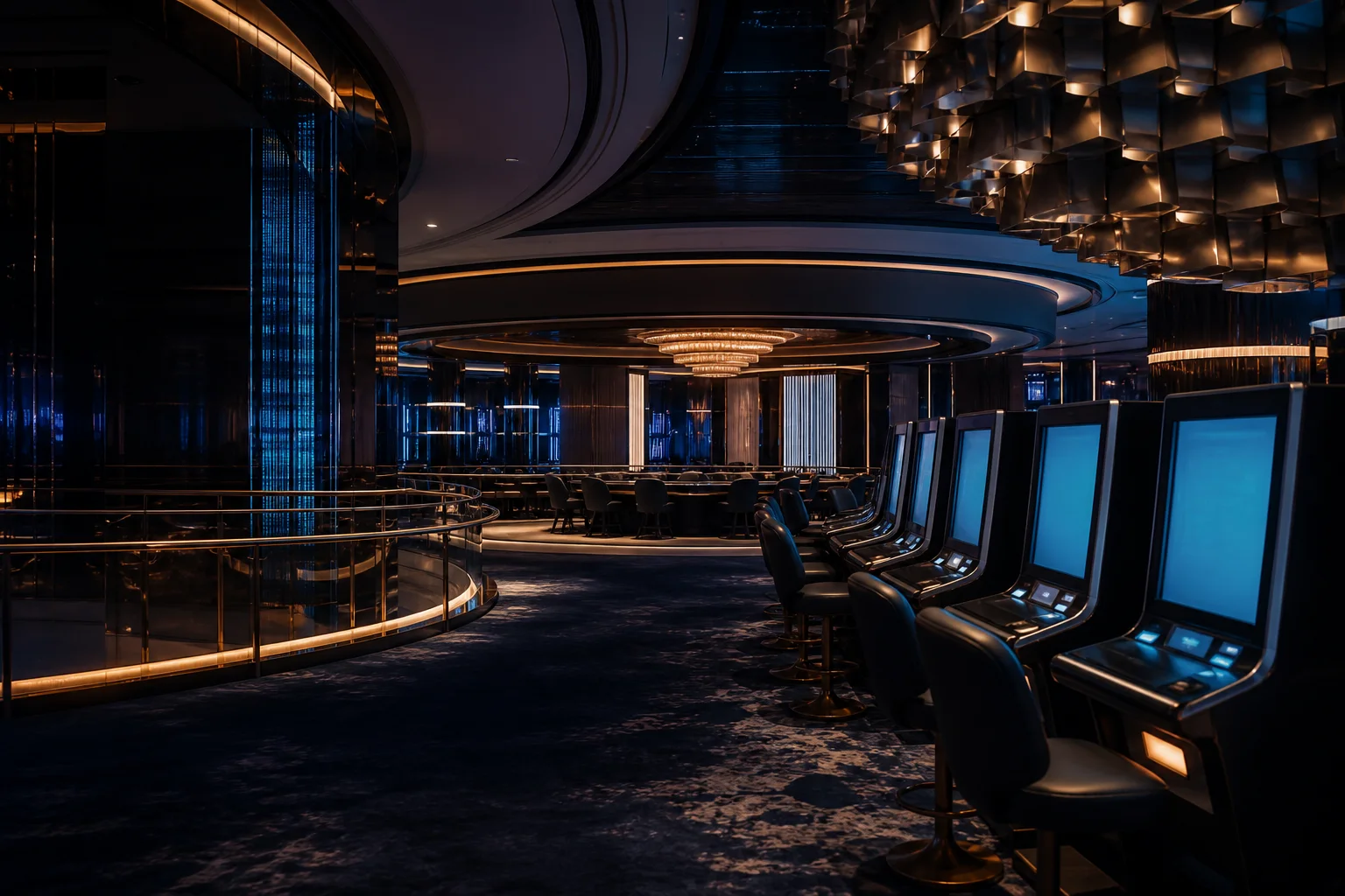 A modern unoccupied casino floor with dark blue and amber lighting