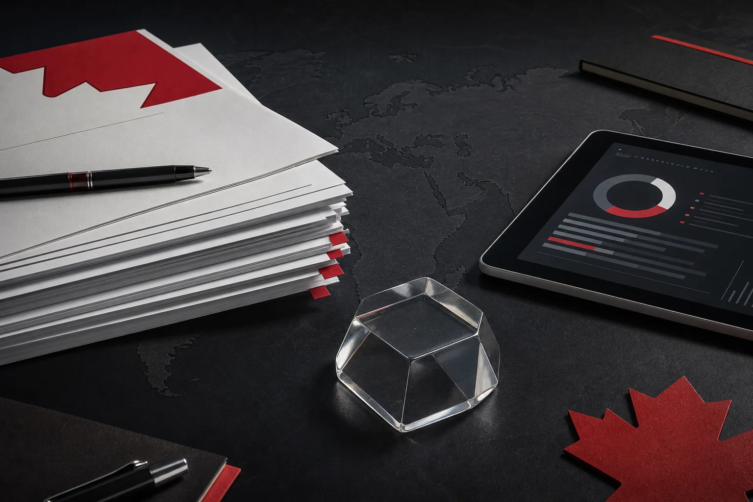 Research desk with abstract data charts and world map